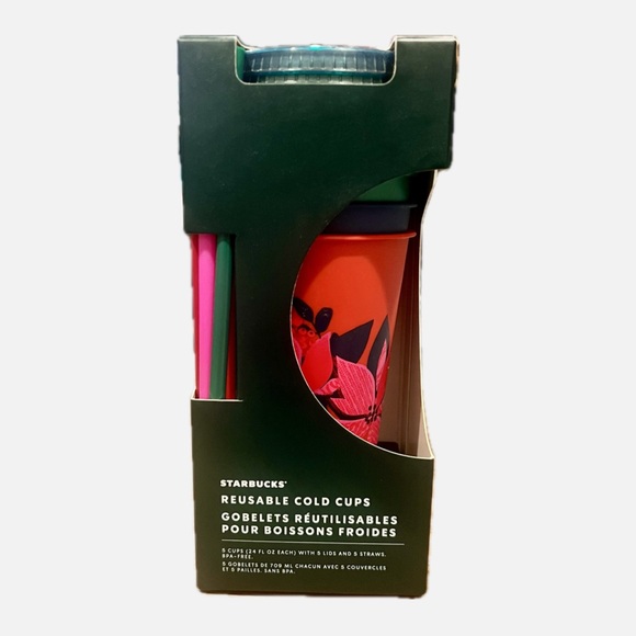 Starbucks Reusable Cold Cups Set of 5 Cups with 5 Lids and 5 Straws Holiday 2021 - Picture 1 of 2
